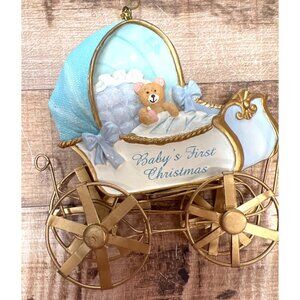 Babys First Christmas Carriage Ornament With Gold Wheels & Bear Figurine 4.5"